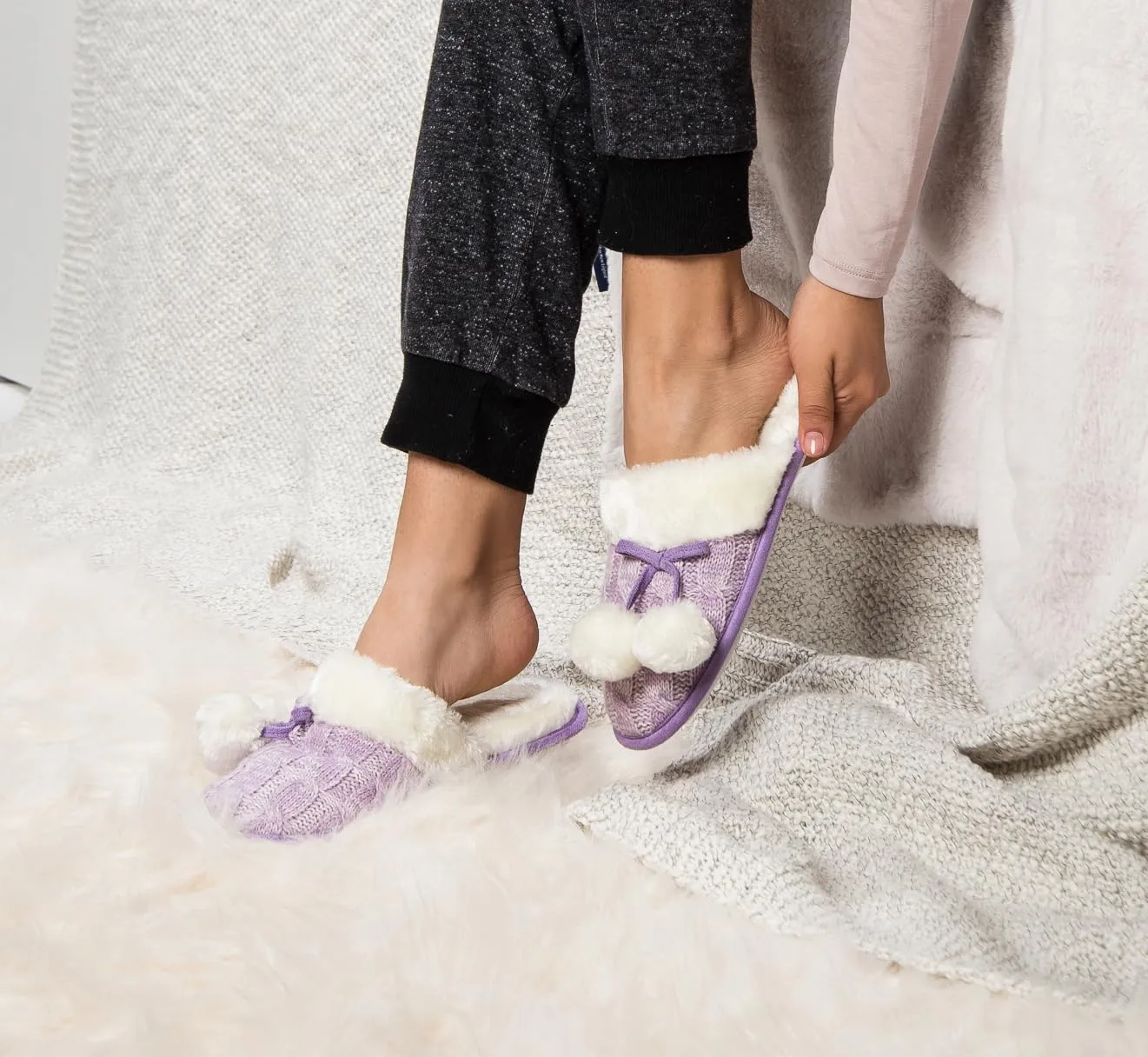 Woven Knit Slide Slippers for Women, Stylish Design with Cute Pom Poms, Plush Fleece Band & Interior, Anti Skid Rubber Sole