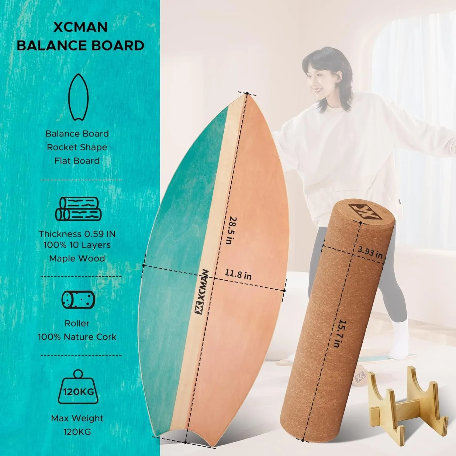 XCMAN Surf Balance Board Trainer with Roller Wooden Exercise Balancing Stability Trainer - Non Slip Surface for Adults Kids|Balance Board for Surfing,Snowboarding,Skateboarding,Hockey,Yoga Training