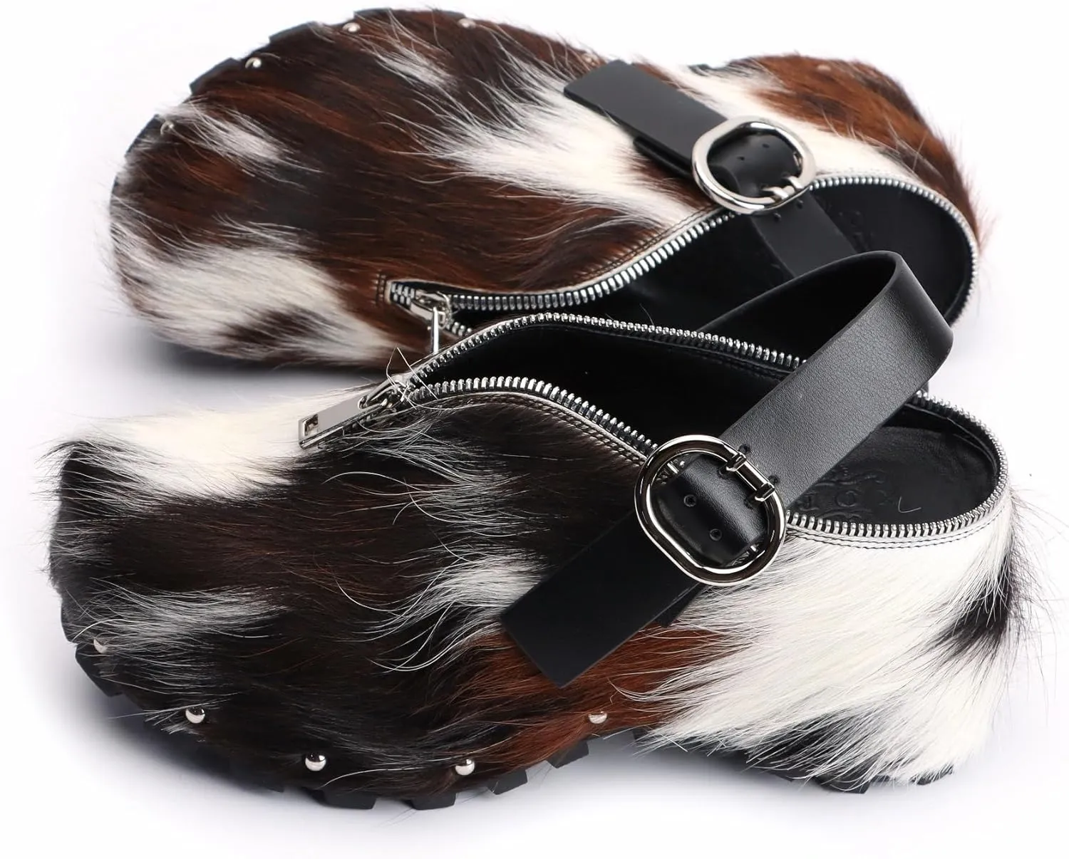 XOBZJH Women's Natural Cow Print Fur Platform Clogs with Zipper & Adjustable Strap Buckle – Western Slip-On Punk Rivets Mules Shoes with Arch Support and Chunky Retro Rustic Style