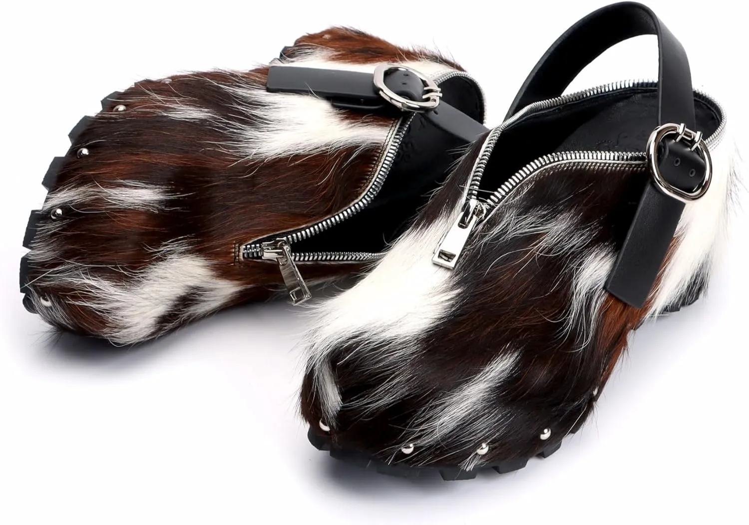 XOBZJH Women's Natural Cow Print Fur Platform Clogs with Zipper & Adjustable Strap Buckle – Western Slip-On Punk Rivets Mules Shoes with Arch Support and Chunky Retro Rustic Style