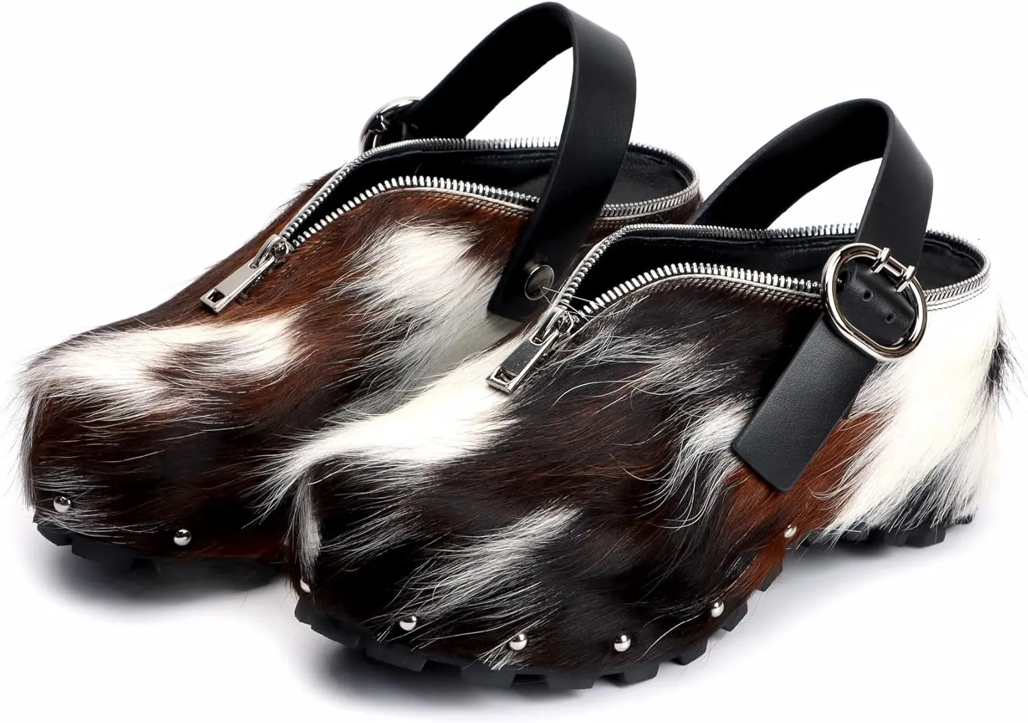 XOBZJH Women's Natural Cow Print Fur Platform Clogs with Zipper & Adjustable Strap Buckle – Western Slip-On Punk Rivets Mules Shoes with Arch Support and Chunky Retro Rustic Style