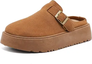 XTJSCBDSH Suede Clogs for Women Adjustable Buckle Platform Mules Cork Footbed Sandals Slip On Slippers Potato Shoes with Arch Support Brown