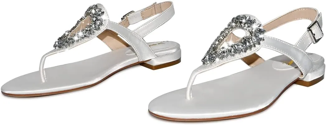 XYD Women Crystal Wedding Sandals with Rhinestone Flip-flop Beach Dressy Diamond Bridal Comfortable Walking Flats Satin Shoes