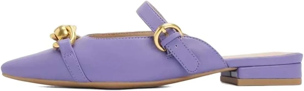 XYD Women Fashion Metallic Golden Chains Slip On Flat Mule Pointed Closed Toe Low Heel Buckled Slides Loafer Comfy Walking Daily Outdoor Shoes