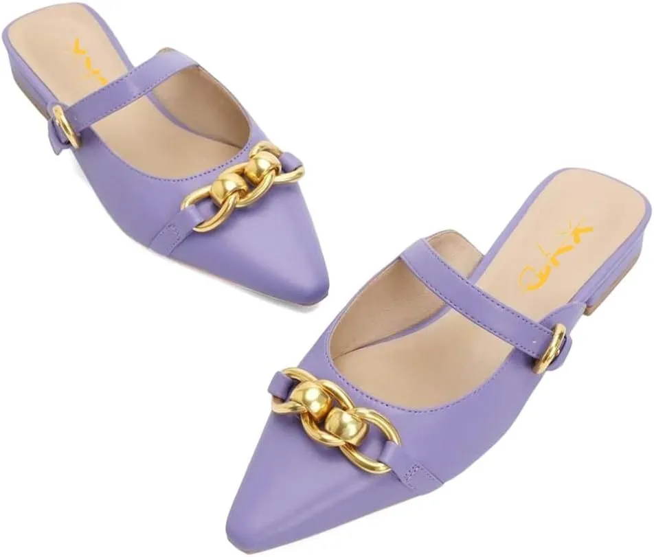 XYD Women Fashion Metallic Golden Chains Slip On Flat Mule Pointed Closed Toe Low Heel Buckled Slides Loafer Comfy Walking Daily Outdoor Shoes