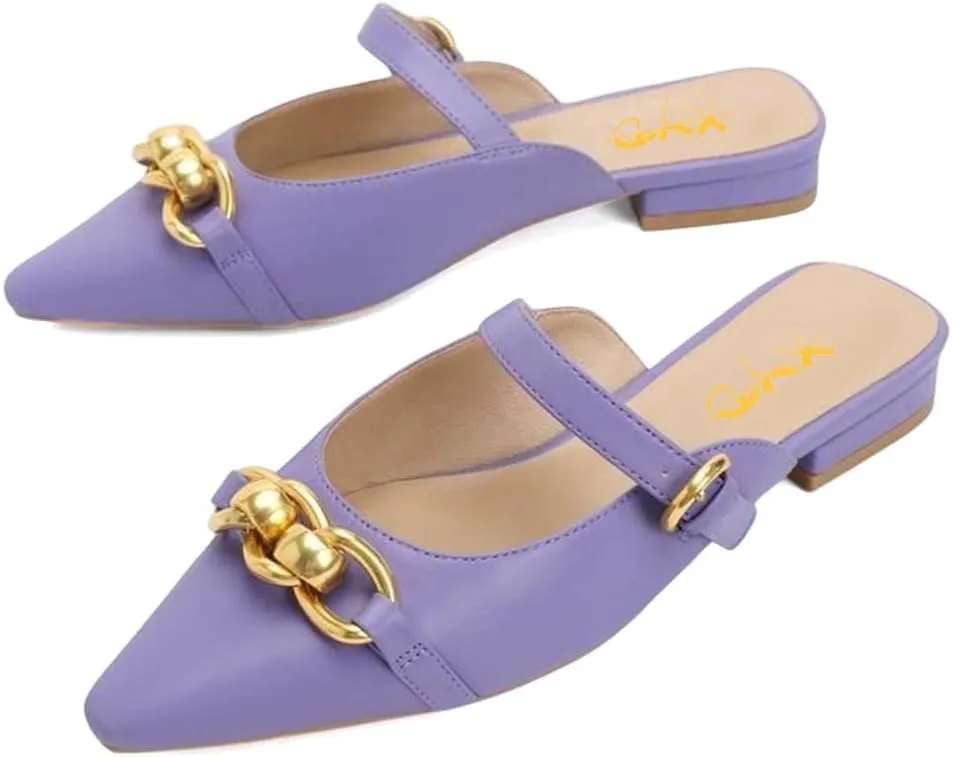 XYD Women Fashion Metallic Golden Chains Slip On Flat Mule Pointed Closed Toe Low Heel Buckled Slides Loafer Comfy Walking Daily Outdoor Shoes