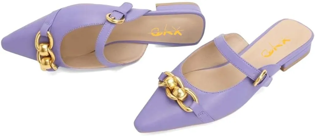 XYD Women Fashion Metallic Golden Chains Slip On Flat Mule Pointed Closed Toe Low Heel Buckled Slides Loafer Comfy Walking Daily Outdoor Shoes