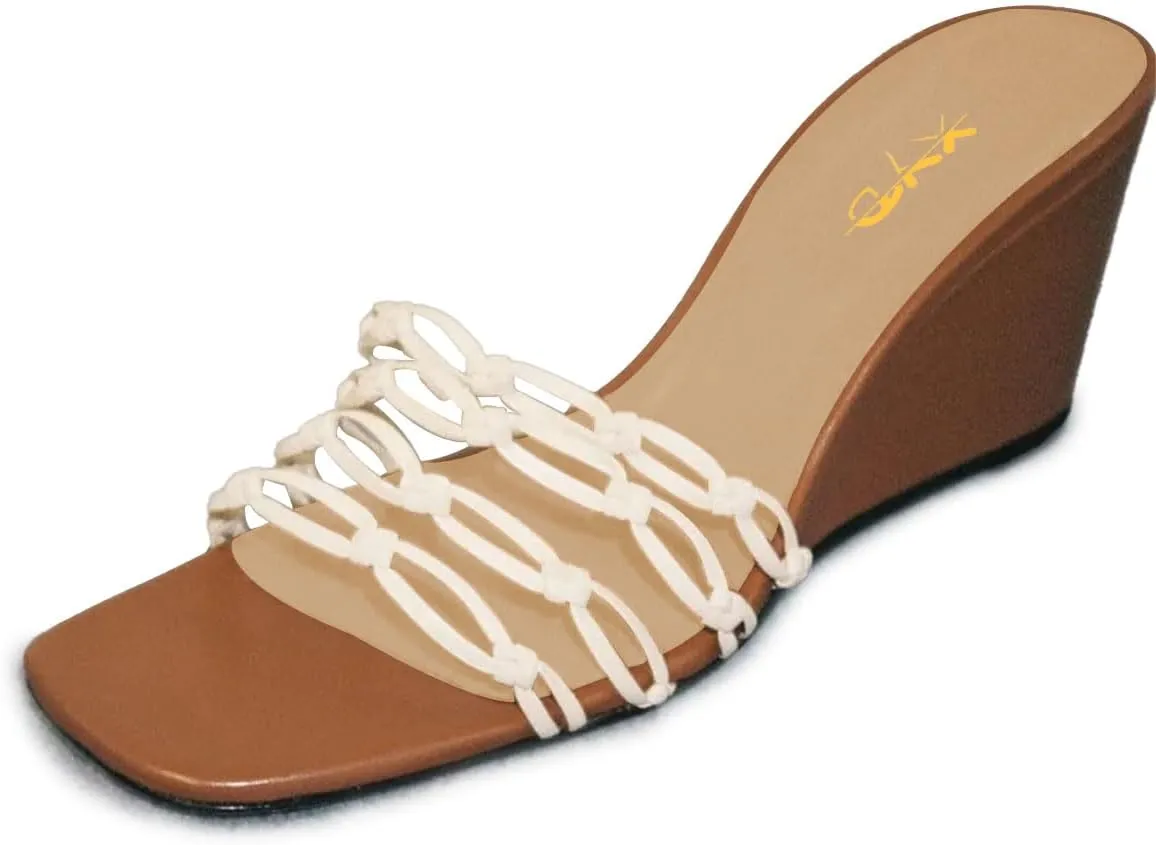 XYD Women Woven Strap Wedge Sandals Square Open Toe Slip On High Heel Mules Elegant Beach Dress Shoes