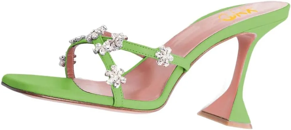 XYD Women's Flare High Heel Slides Sandals with Flower Rhinestones Open Square Toe Crossover Strap Dress Outdoor Wedding Mule Shoes