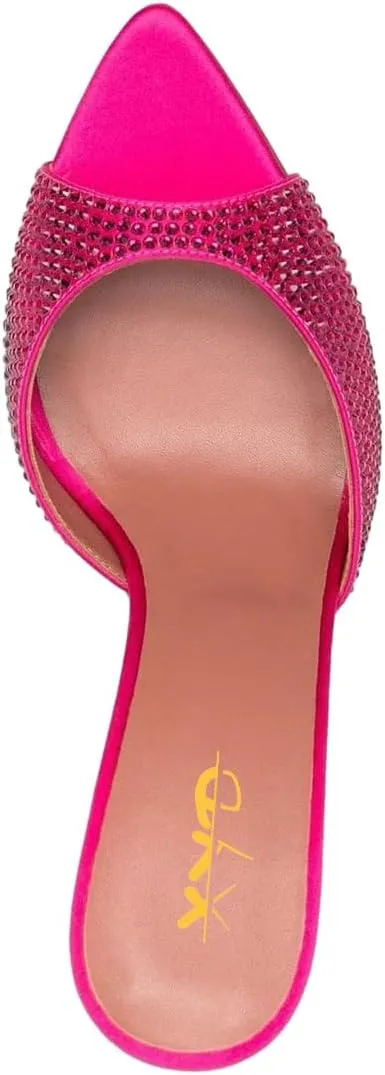 XYD Women's Summer Trendy Open Pointed Toe High Heel Mules Slip-ons Crystal Sparkle Rhinestone Studs Sandals Evening Wedding Party Shoes