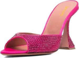 XYD Women's Summer Trendy Open Pointed Toe High Heel Mules Slip-ons Crystal Sparkle Rhinestone Studs Sandals Evening Wedding Party Shoes