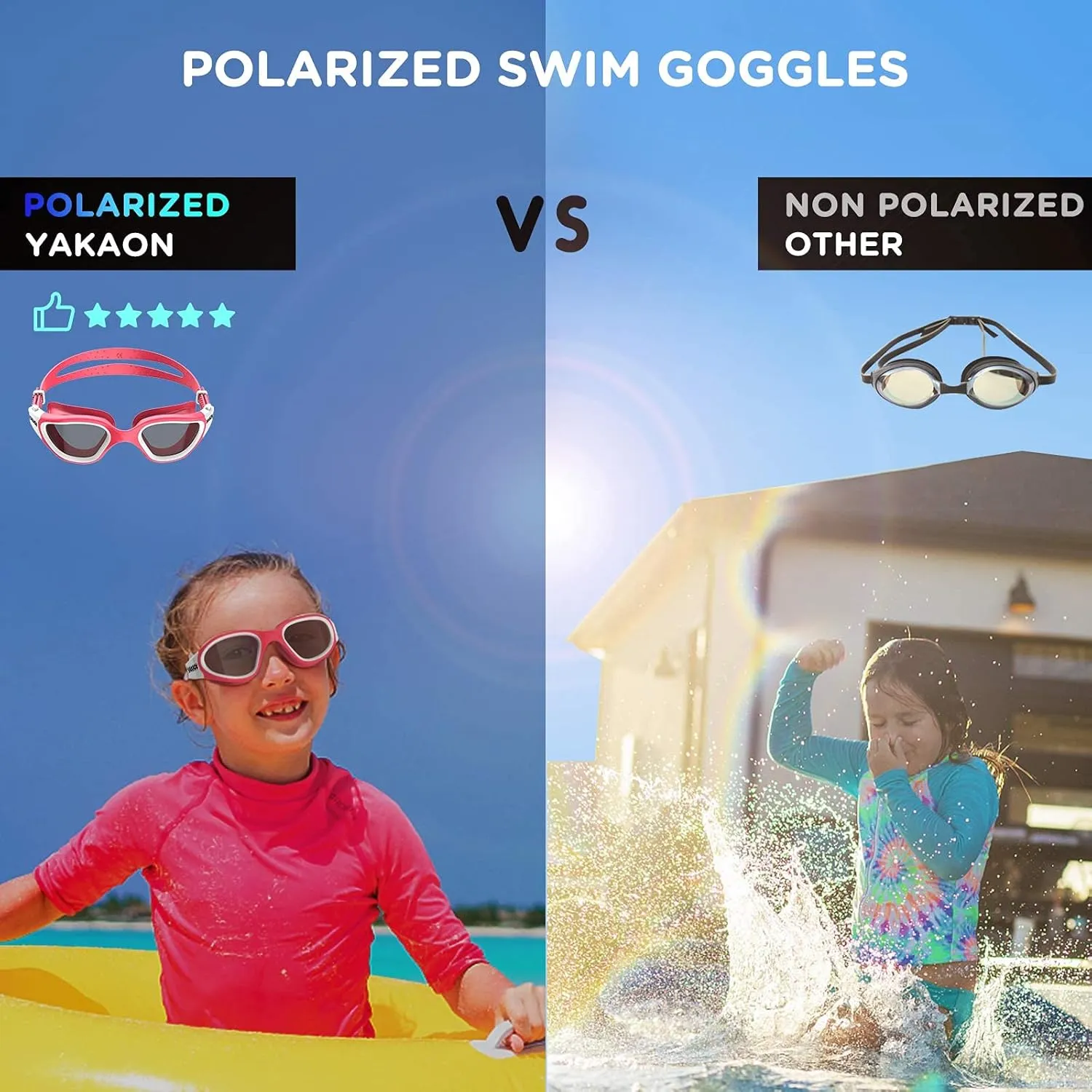 YAKAON Kids Swim Goggles 6-14, Wide View, Anti-Fog, Polarized/Non-Polarized Lenses & Leak-Proof Seal for Boys/Girls