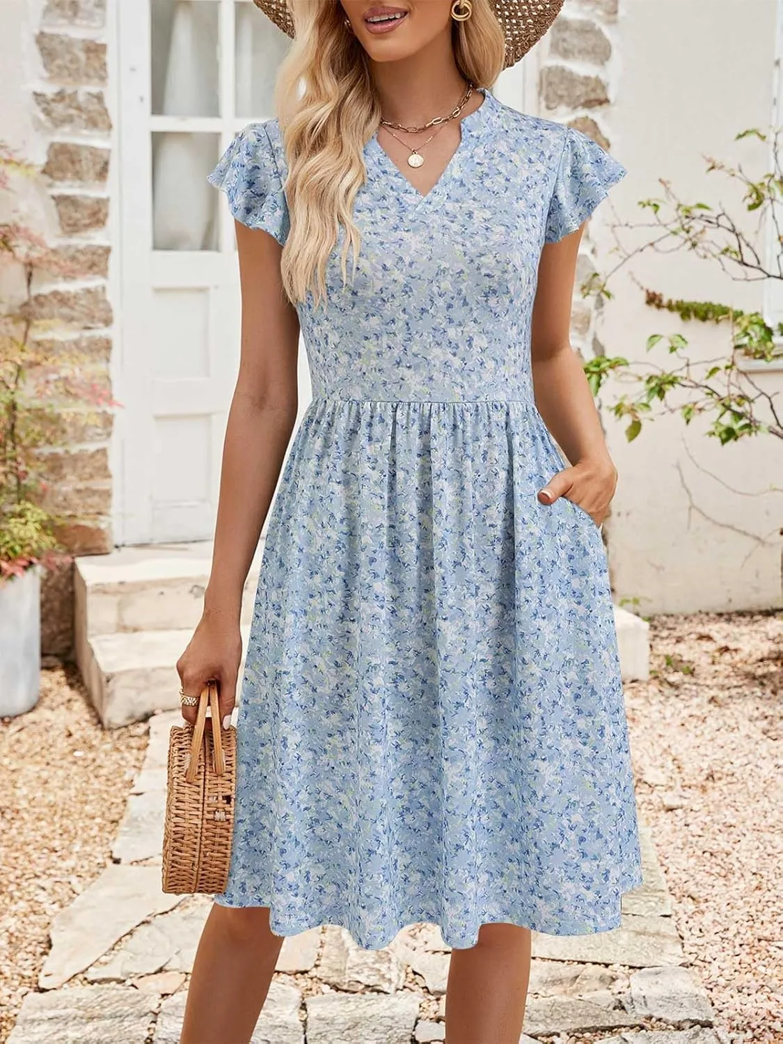 YATHON Casual Dresses for Women 2025 Cute Summer Floral Fit and Flare Cap Sleeve A Line Knee Length Dress with Pocket