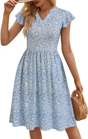 YATHON Casual Dresses for Women 2025 Cute Summer Floral Fit and Flare Cap Sleeve A Line Knee Length Dress with Pocket