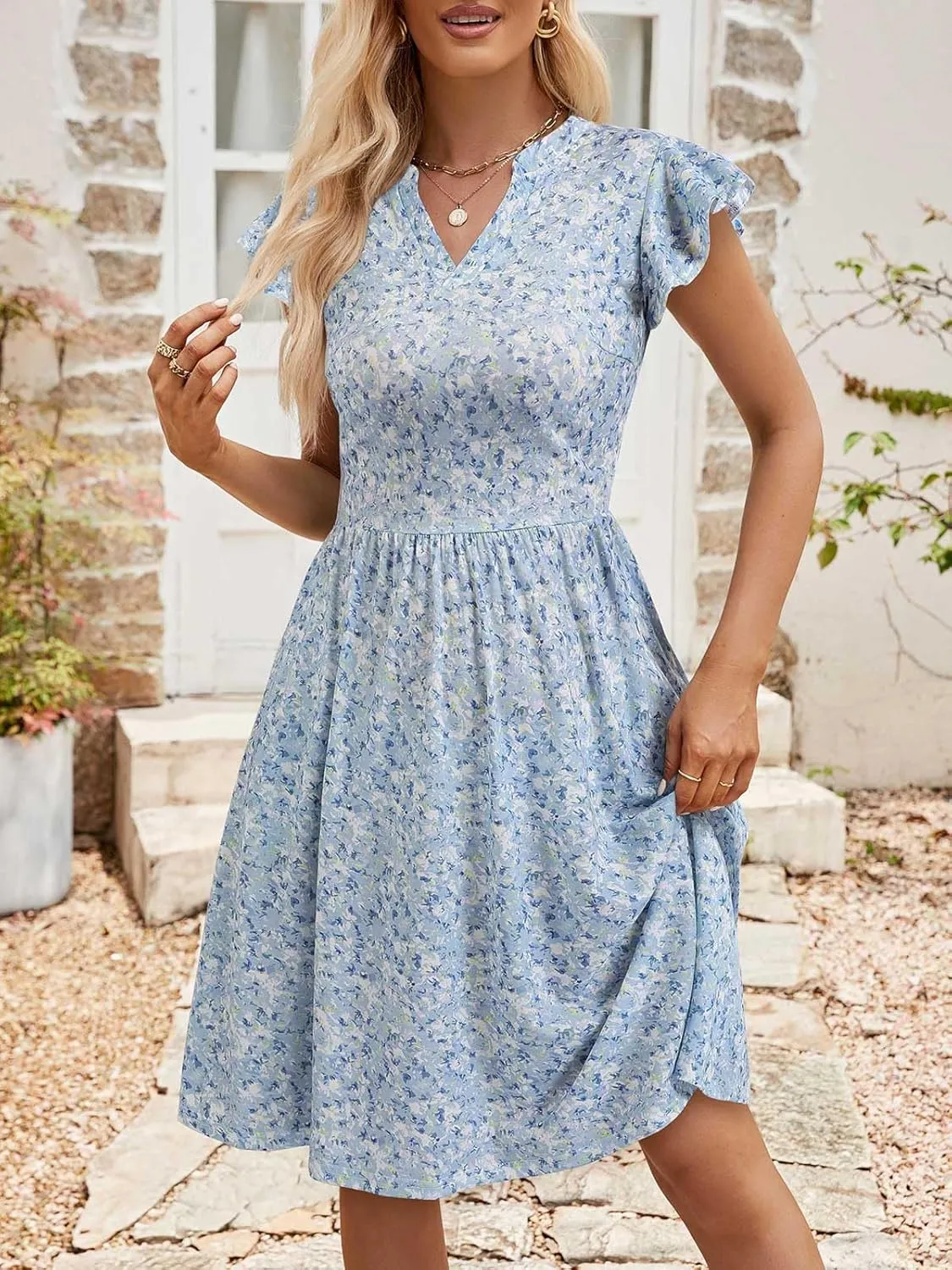 YATHON Casual Dresses for Women 2025 Cute Summer Floral Fit and Flare Cap Sleeve A Line Knee Length Dress with Pocket