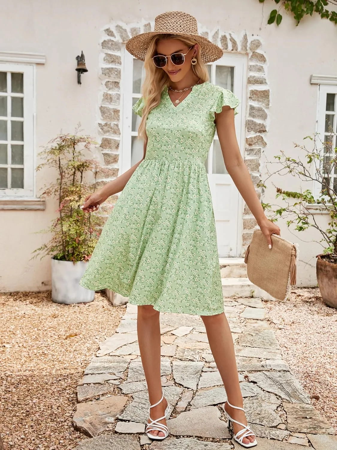YATHON Casual Dresses for Women 2025 Cute Summer Floral Fit and Flare Cap Sleeve A Line Knee Length Dress with Pocket
