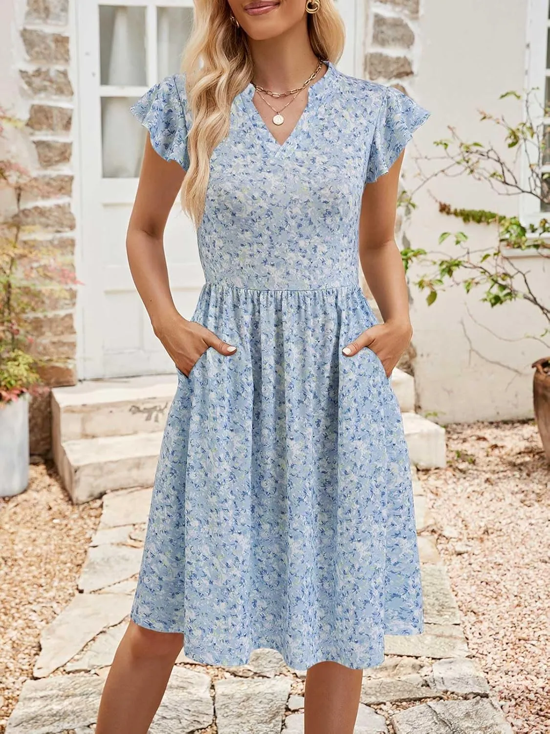 YATHON Casual Dresses for Women 2025 Cute Summer Floral Fit and Flare Cap Sleeve A Line Knee Length Dress with Pocket