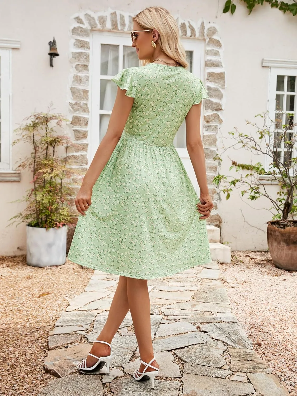 YATHON Casual Dresses for Women 2025 Cute Summer Floral Fit and Flare Cap Sleeve A Line Knee Length Dress with Pocket