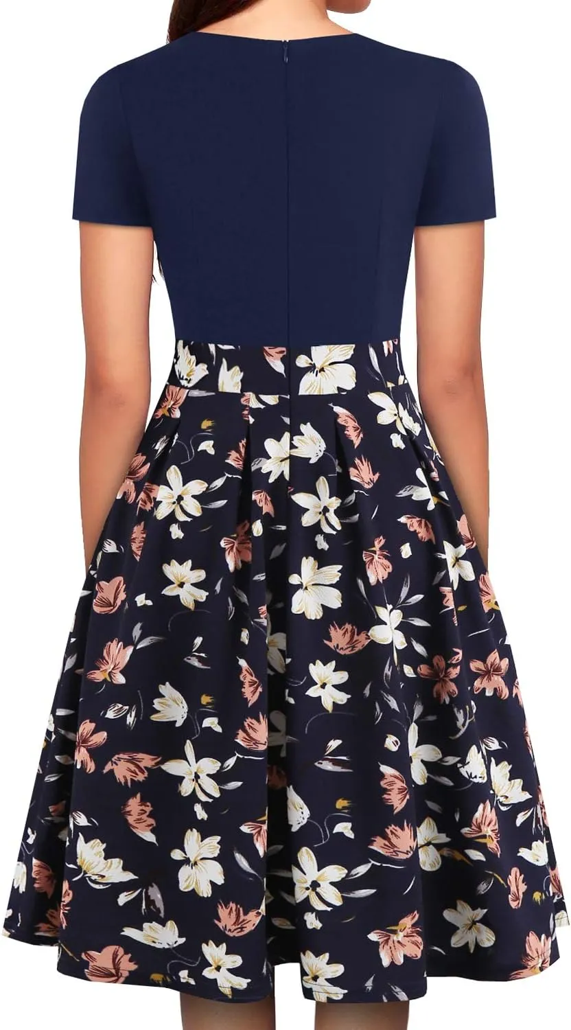 YATHON Women's Vintage Floral Flared A-Line Swing Casual Party Dresses with Pockets