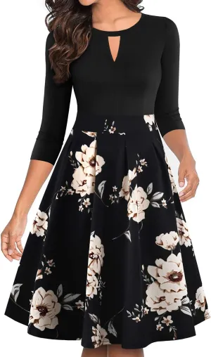 YATHON Women's Vintage Floral Flared A-Line Swing Casual Party Dresses with Pockets