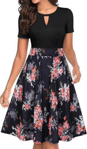 YATHON Women's Vintage Floral Flared A-Line Swing Casual Party Dresses with Pockets