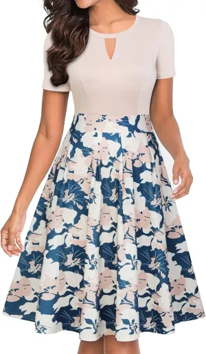 YATHON Women's Vintage Floral Flared A-Line Swing Casual Party Dresses with Pockets