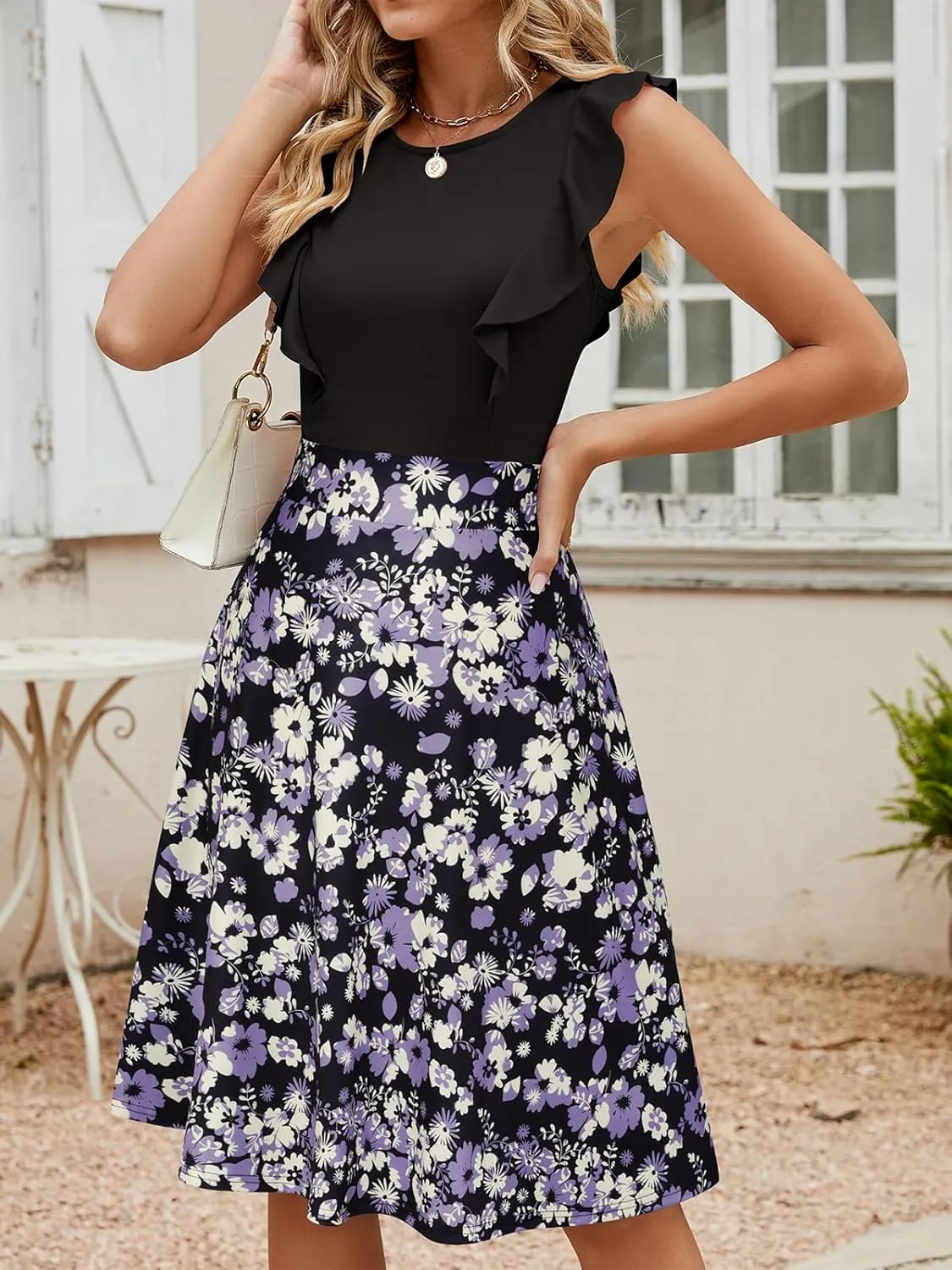 YATHON Women's Vintage Ruffle Floral Flared A Line Swing Casual Cocktail Party Dresses