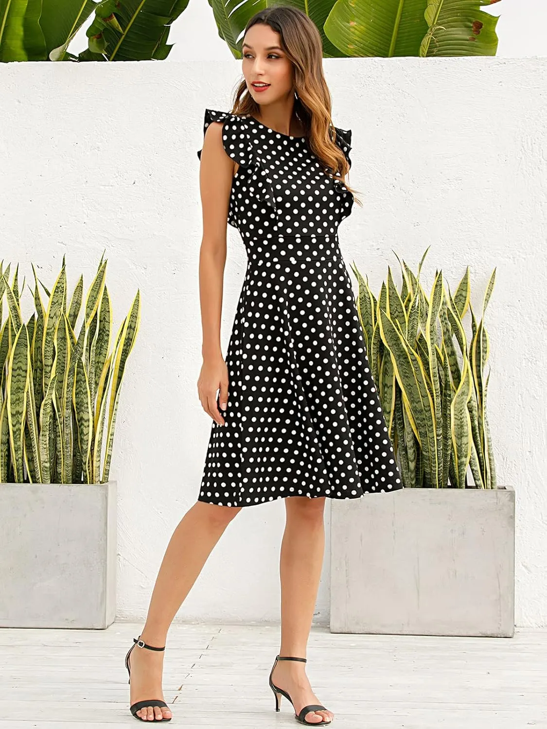 YATHON Women's Vintage Ruffle Floral Flared A Line Swing Casual Cocktail Party Dresses