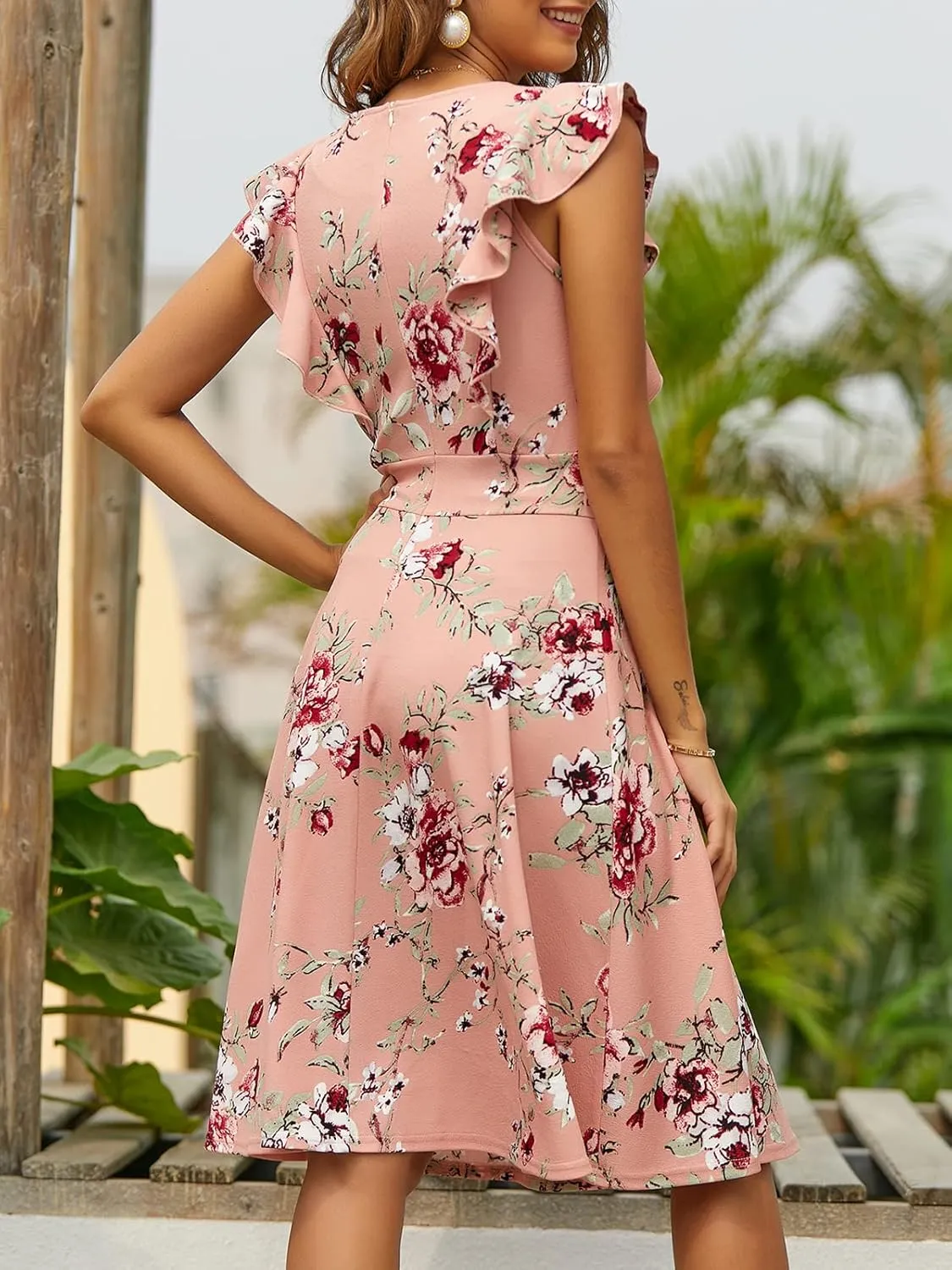 YATHON Women's Vintage Ruffle Floral Flared A Line Swing Casual Cocktail Party Dresses