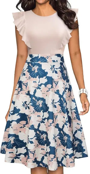 YATHON Women's Vintage Ruffle Floral Flared A Line Swing Casual Cocktail Party Dresses
