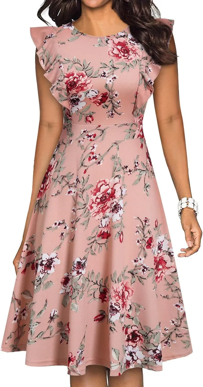 YATHON Women's Vintage Ruffle Floral Flared A Line Swing Casual Cocktail Party Dresses