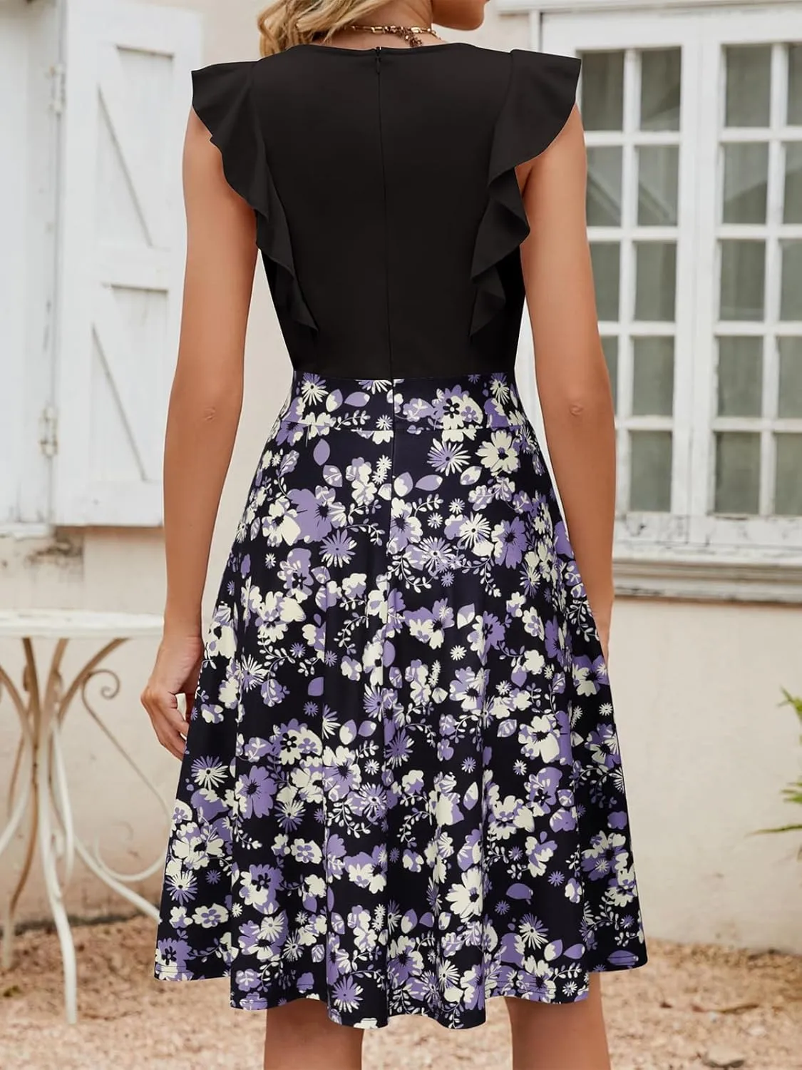 YATHON Women's Vintage Ruffle Floral Flared A Line Swing Casual Cocktail Party Dresses