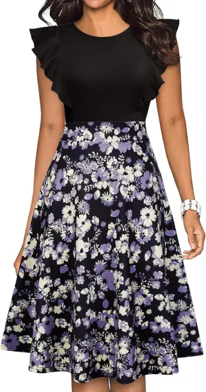 YATHON Women's Vintage Ruffle Floral Flared A Line Swing Casual Cocktail Party Dresses
