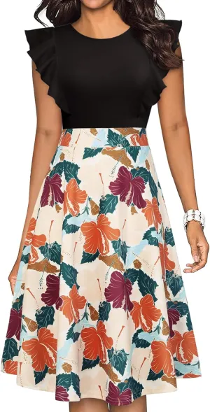 YATHON Women's Vintage Ruffle Floral Flared A Line Swing Casual Cocktail Party Dresses