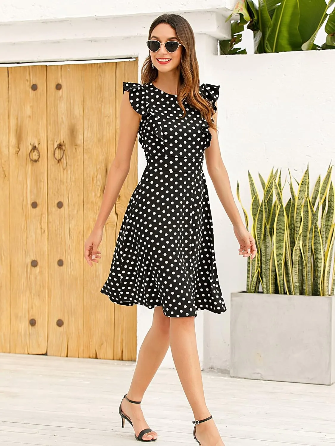 YATHON Women's Vintage Ruffle Floral Flared A Line Swing Casual Cocktail Party Dresses