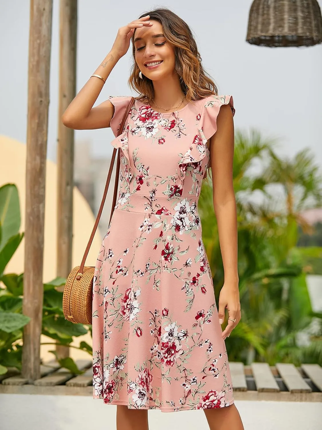 YATHON Women's Vintage Ruffle Floral Flared A Line Swing Casual Cocktail Party Dresses