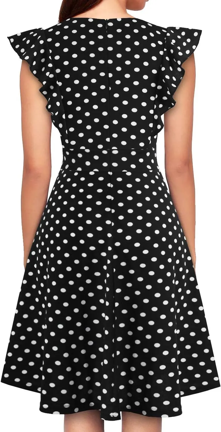 YATHON Women's Vintage Ruffle Floral Flared A Line Swing Casual Cocktail Party Dresses
