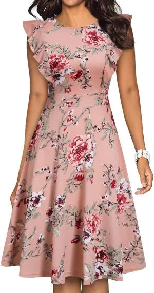 YATHON Women's Vintage Ruffle Floral Flared A Line Swing Casual Cocktail Party Dresses