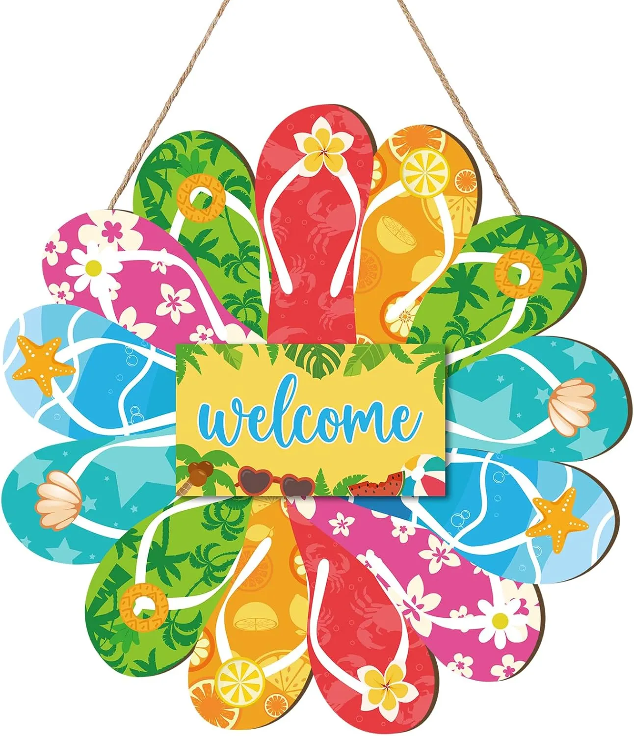 Yousoontic Summer Slippers Hanging Sign Flip Flop Shape Welcome Wooden Door Sign with Rope Rustic Wall Sign for Summer Yard Indoor Outdoor Front Door Decor, 11.8 Inch