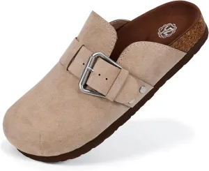 YZ Women's Faux Suede Clogs Leather Mules Adjustable Buckle Slip on Cork Footbed Home Clog Slippers with Arch Support