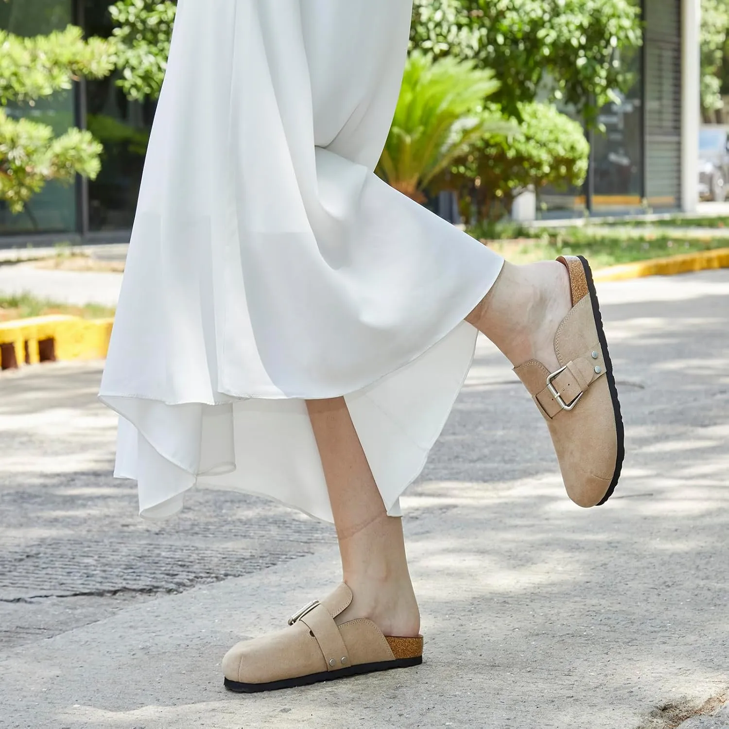 YZ Women's Faux Suede Clogs Leather Mules Adjustable Buckle Slip on Cork Footbed Home Clog Slippers with Arch Support
