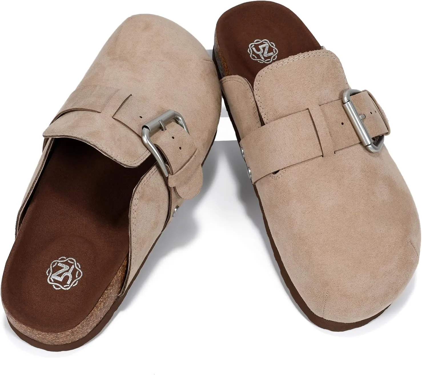 YZ Women's Faux Suede Clogs Leather Mules Adjustable Buckle Slip on Cork Footbed Home Clog Slippers with Arch Support