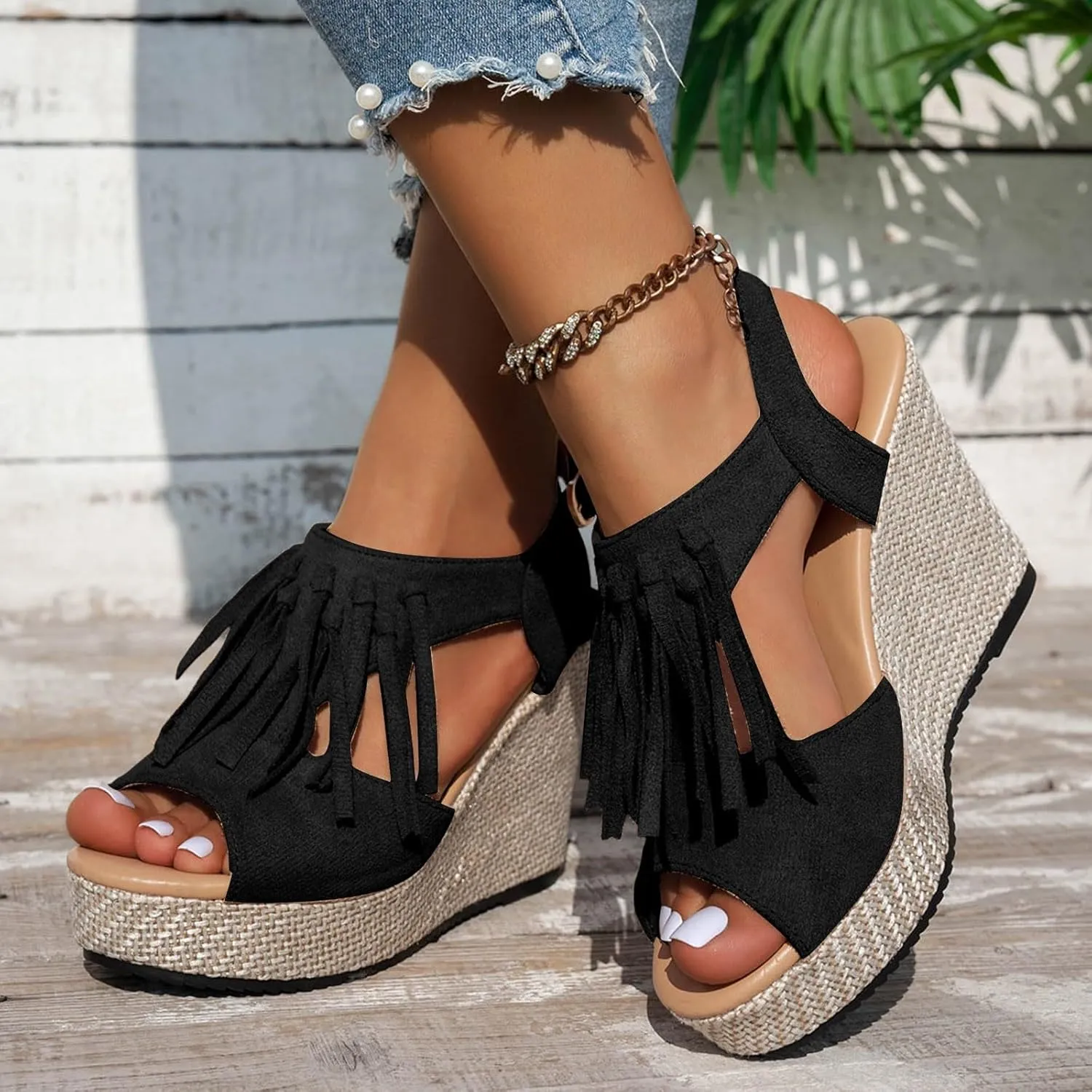 ZSpzx Women Wedge Sandals 2025,Boho Comfortable Non-Slip Walking Footwear Breathable Ladies Dress Dance Party Casual Shoe Ankle Strap Peep Toe Daily Wear Height Increase Vacation Slippers