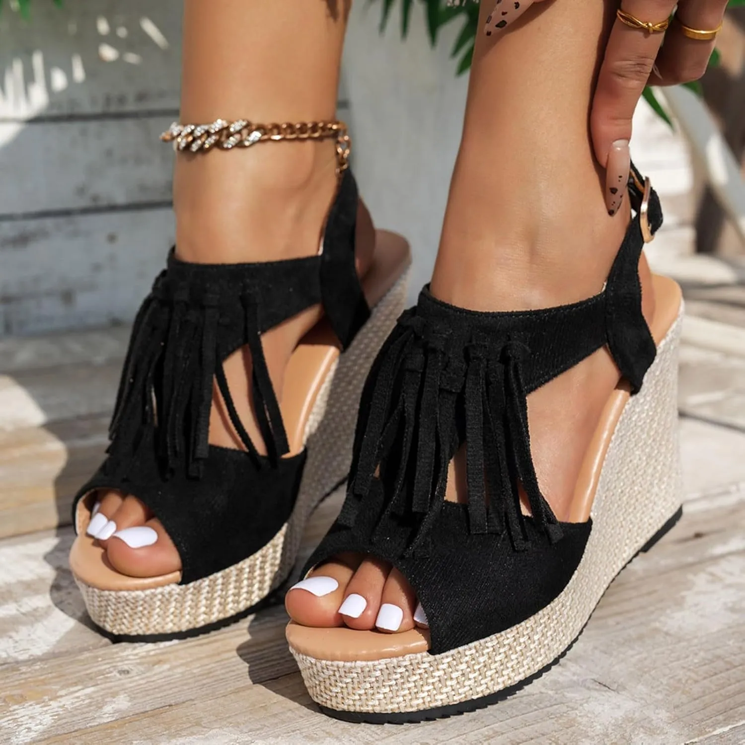 ZSpzx Women Wedge Sandals 2025,Boho Comfortable Non-Slip Walking Footwear Breathable Ladies Dress Dance Party Casual Shoe Ankle Strap Peep Toe Daily Wear Height Increase Vacation Slippers