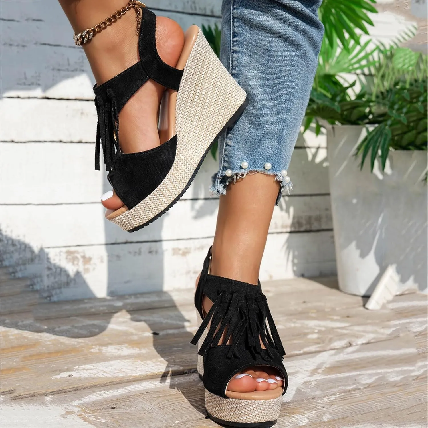 ZSpzx Women Wedge Sandals 2025,Boho Comfortable Non-Slip Walking Footwear Breathable Ladies Dress Dance Party Casual Shoe Ankle Strap Peep Toe Daily Wear Height Increase Vacation Slippers