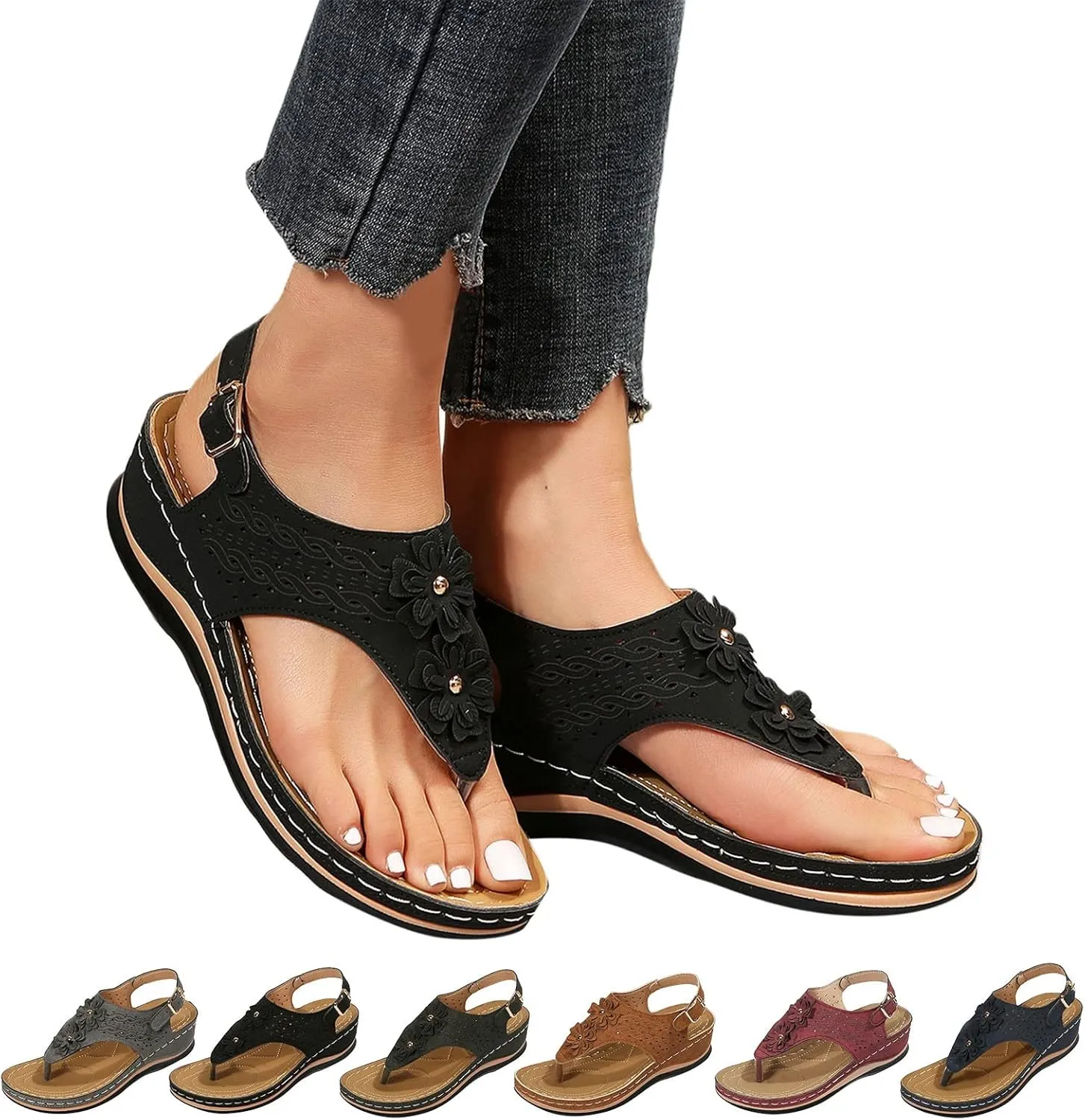 ZSpzx Women Wedge Sandals 2025,Fashion Cut-Out Cute Flower Walking Footwear Breathable Non-Slip Casual Shoe Comfortable Ladies Dress Peep Toe Slides Outdoor Slip-On Slippers Arch Support Ankle Strap