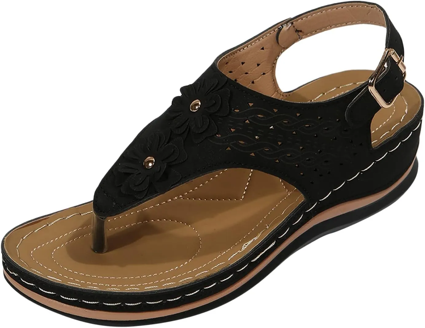 ZSpzx Women Wedge Sandals 2025,Fashion Cut-Out Cute Flower Walking Footwear Breathable Non-Slip Casual Shoe Comfortable Ladies Dress Peep Toe Slides Outdoor Slip-On Slippers Arch Support Ankle Strap