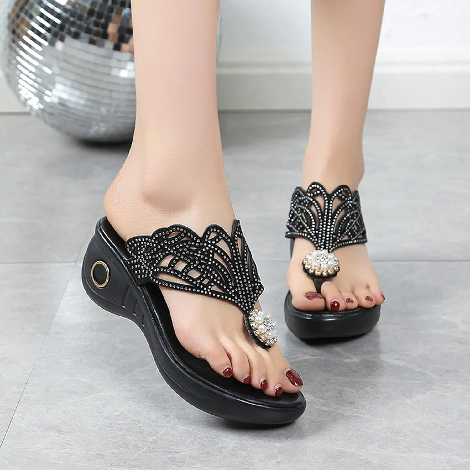 ZSpzx Women Wedge Sandals 2025,Rhinestone Flip Flops Soft Cushion Orthopedic Slides Comfortable Wedges Heel Shoes Arch Support Breathable Non-Slip Walking Footwear Peep Toe Daily Wear Indoor/Outdoor