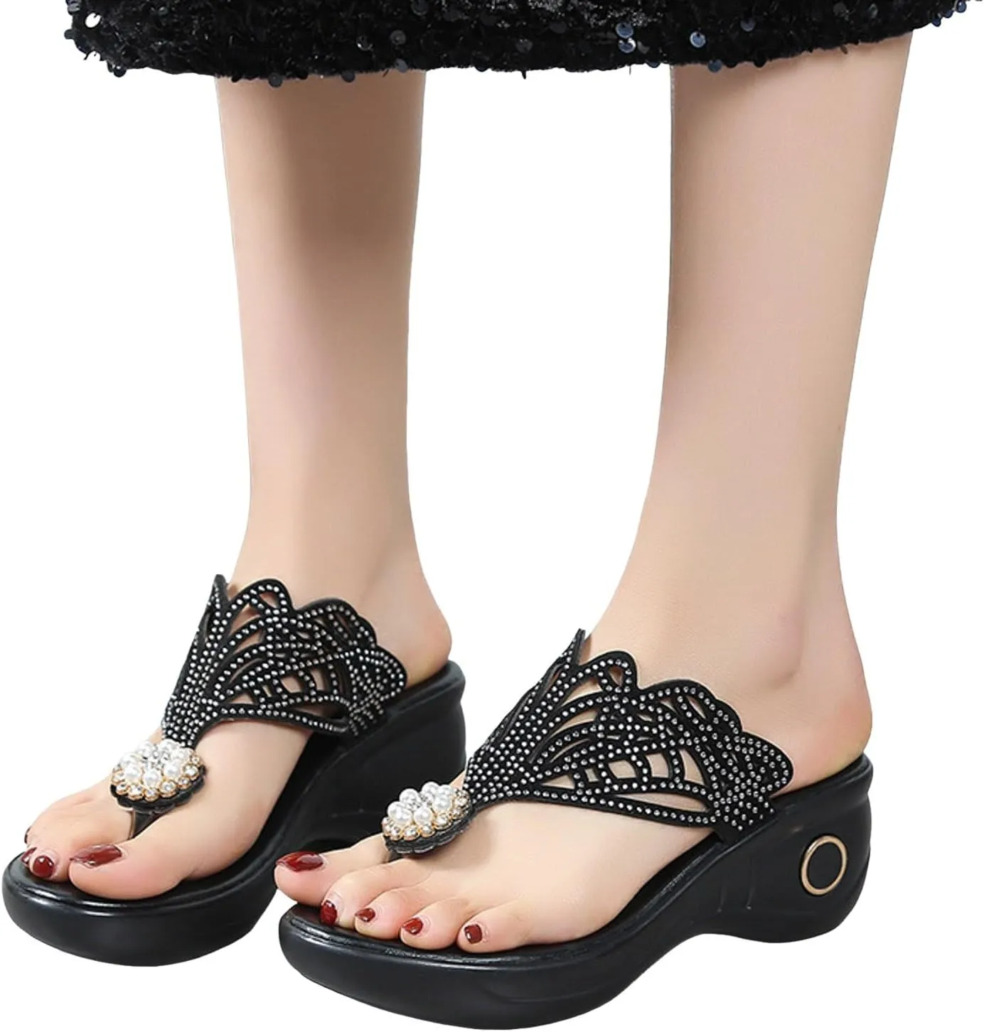 ZSpzx Women Wedge Sandals 2025,Rhinestone Flip Flops Soft Cushion Orthopedic Slides Comfortable Wedges Heel Shoes Arch Support Breathable Non-Slip Walking Footwear Peep Toe Daily Wear Indoor/Outdoor