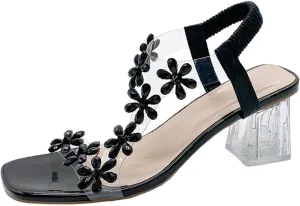 Zureto Women's Flower Rhinestone Block Heel Sandals, Fashion Clear Floral Crystal Block Heel Sandals Square Elastic Open Toe High Heels Shoes